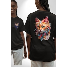 Hayvan Kedi Sanat Potre Siyah Oversize Unisex Ön Ve Sırt Baskılı Tişört Siyah