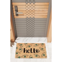 Rugmood Modern Dijtal Baskı Nazar Boncuklu Hello Kapı Önü Paspası Kahverengi