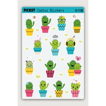 Sevimli Kaktüs Sticker Seti - 14 Adet Etiket Çıkartma Diğer