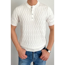 Cool Tarz Erkek Beyaz Hakim Yaka Düğmeli Slim Fit Triko T-shirt Beyaz Beyaz