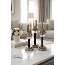 Metal Kristal Taşlı Bronz 3'lü Cam Mumluk Şamdanlık Seti Haki