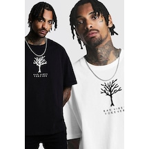 2'li Siyah Beyaz - Unisex Oversize Yaka Bad Vibes Baskılı Örme T-shirt Siyah-beyaz