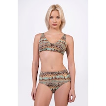 Endeep Kadın Ayarlanabilir Askılı Lurex Desenli Toparlayıcı Yüksek Bel Bikini Takımı Mavi