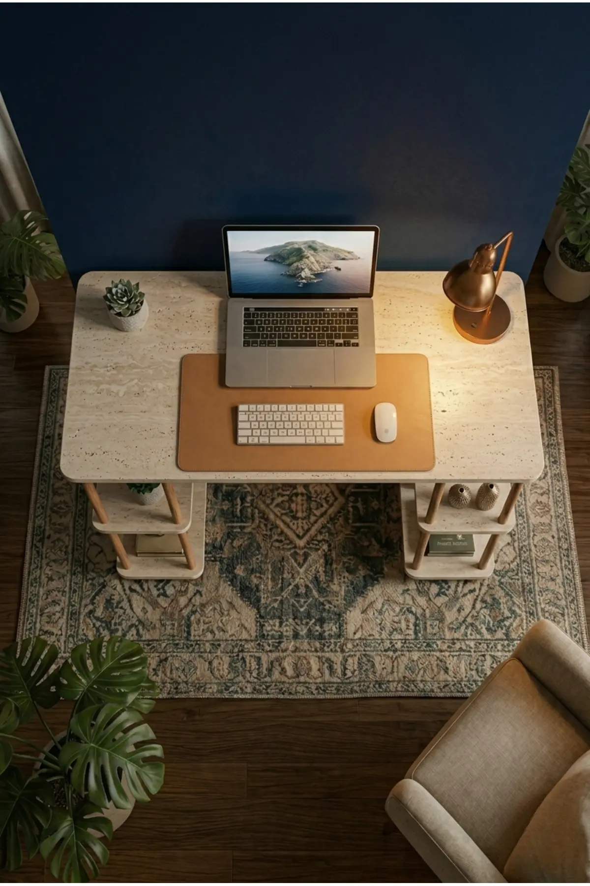 Kitaplıklı Bilgisayar Masası Raflı Geniş Çalışma Masası Modern Dekoratif Ofis Mobilyası Traverten