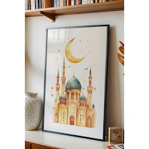 Pastel Sulu Boya Cami Ve Hilal Çerçeveli Tablo - Çocuk Odası Ramazan Hediyesi Eğitici Duvar Sanatı Siyah
