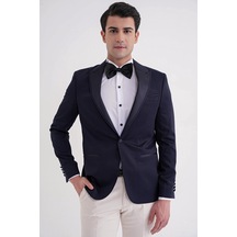 Black 035 Slim Fit Saten Yaka Çift Yırtmaçlı Tek Düğmeli Lacivert Damatlık Smokin Ceket Lacivert