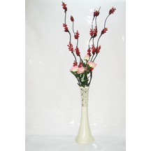 60 Cm Desenli Krem Vazo 5 Adet Kırmızı Üzüm Çiçek Pembe Gül