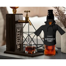 Bk Gift Kişiye Özel Kabartma İsimli Musluklu Doğal Ahşap İçki Standı Ve Siyah İçki Şişesi Tişörtü Hediye Seti, Home Bar, Viski Çeşmesi, Ahşap İçecek Çeşmesi-11