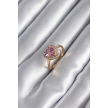 Pirinç Gold Renk Pembe Zirkon Taş Kalp Charm Model Kadın Yüzük Çok Renkli