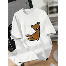 Kadın Tişört Bisiklet Yaka Ayı Baskılı Yazlık Kısa Kol T-shirt - Beyaz