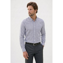 Tudors Erkek Slim Fit Dar Kesim %100 Pamuk Düğmeli Yaka Çizgili Uzun Kollu Cepli Keten Lacivert Gömlek-51195