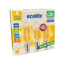 4w Led Filament Mum Ampul, E14 Duy, 2700k Sarı Işık, 470 Lümen, Şeffaf Cam, Akkor Görünümlü Dekoratif Lamba, 3'lü Paket