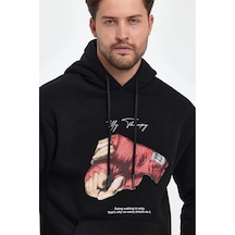 Erkek 3 İplik Pamuklu Kapüşonlu Cepli Boxy Eldiven Baskılı Hoodie Sweatshirt - Siyah
