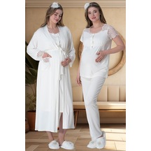 Mecit Pijama Mecit 6065 Ekru Uzun Sabahlıklı Gecelik Pijama Lohusa Set