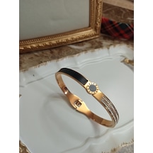 Taşlı Rose Ve Siyah Çift Renkli Kararmaz Çelik Kelepçe Bileklik Rose Gold