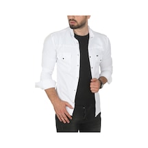 Deepsea Erkek Beyaz Büyük Beden Pamuklu Likralı Spor Gömlek Dar Kalıp, Çıt Çıt Kapamalı 2500423 Beyaz