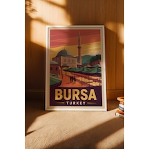 Bursa Tablo - Retro Travel Poster - Türkiye Şehir Serisi Duvar Dekoru - Çerçeve Şehir İllüstrasyonu Beyaz