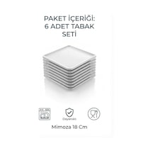6 Adet Kare Melamin Tatlı Servis Sunum Tabağı Makinede Yıkanabilir Dayanıklı Mimoza 18 Cm Beyaz
