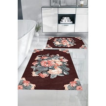Buççin Online Mağaza Dijital Baskılı Yıkanabilir Kaymaz Taban Çiçek Detaylı Banyo Paspası Klozet Takımı Polyester Bordo Çok Renkli
