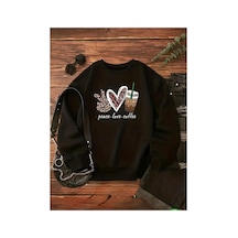 Medinenur Peace Love Baskılı 2 İplik Şardonlu Bisiklet Yaka Swatshirt Siyah