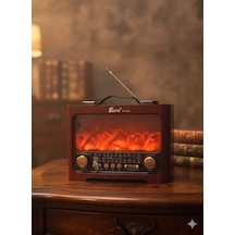 Fp-821 Nostaljik Radyo Şömine Görünümlü Led Işık Fenerli Bluetooth,hafıza Kartı,usb Bellek,aux Ve Radyo Destekli Hoparlör Kızıl Ahşap
