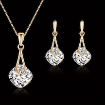Kristal Taşlı, Takı Seti Kolye Küpe , Yeni Yıl,, Ahşap Kutu İçerisinde Gold