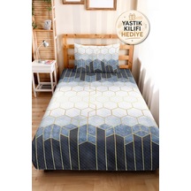 Mavi Geometrik Genç Odası Tek Kişilik Pike Takımı - Lacivert Altın 160x220 Cm Kapitone Yatak Örtüsü Dumanlı Çayır Katmanı