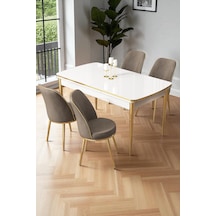 Canisa Nira Serisi 70x114 Mdf Açılabilir Beyaz Mutfak Masa Takımı 4 Cappucino Sandalye Gold Detay Beyaz Masa Sandalye Cappucino Ayaklar Gold
