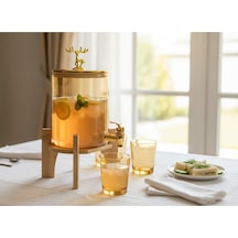 Alfafe Home Gold Cam Şerbetlik Meşrubatlık Musluklu Ve Ahşap Standlı 3.6 Litre Gold