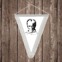 Siyah - Beyaz Mustafa Kemal Atatürk Silüeti Ve İmza Beyaz Saçaklı Üçgen Flama Bayrak Hatıra Flama Ata28 Diğer
