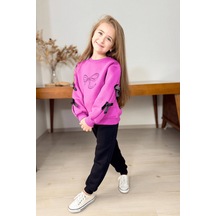 5-14 Yaş Kolları Fiyonklu Kız Çocuk Eşofman Takımı Pembe Pembe