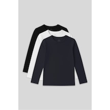 Standart Fit Basic O Yaka 3lü Paket Siyah-beyaz-lacivert Unisex Çocuk T-shirt - 11329 Lacivert - Beyaz