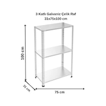 3 Katlı Galvaniz Çelik Raf - Depo, Arşiv, Kiler, Dosya, Market Rafı 31x75x100 Cm