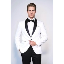 Beyaz Şal Yaka Simli Slim Fit Smokin Ceket - Wessi White Beyaz Şal Yaka Simli Slim Fit Smokin Ceket - Wessi White