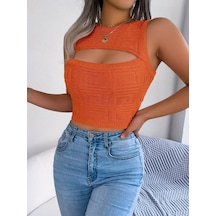 De'charme Kadın Askılı Bisiklet Yaka Güpüs Dekolteli Triko Crop Bluz Turuncu