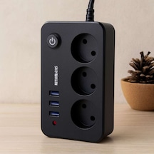 Anahtarlı Termal Korumalı 3'lü Priz + 3xusb 2.1a 2m Uzatma Kablosu Siyah