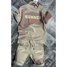 Riccotarz Erkek Çocuk Summer Yazı Baskılı Cep Ve İp Detaylı Bej Şortlu Takım Bej