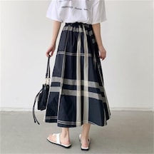 Qooth Kadınlar Rahat 8 Renk Büyük Ekose A-line Etek Tembel Elastik Bel Büyük Salıncak Uzun Etek Bahar Yaz Qt2055 Gri
