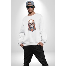 Müzik Kulaklık Takan Kurukafa Kırmızı Gül Unisex Beyaz Baskılı Sweatshirt Beyaz