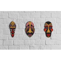 Dekoratif Üçlü Ahşap Tablo Otantik Maske Kabile Mask Süs