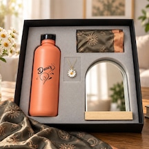 Bk Gift Kişiye Özel İsimli Turuncu Cam Suluk & Papatya Kolye & Ayna & Fular - Özel Hediye Kutulu Set-4