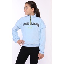 Toontoy Kız Çocuk Fermuar Detaylı Nakışlı Kadife Sweatshirt Mavi