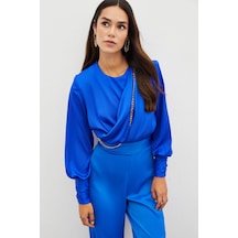 Sateen Ön Zincirli Saten Bluz - Sax Mavi