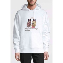 Best Friend Heart Baskılı Beyaz Erkek Örme Kapşonlu Sweatshirt