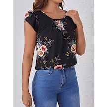 Kadın Kısa Kollu Bisiklet Yaka Çiçek Baskılı Süprem Bluz Siyah