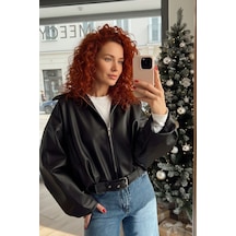 Meecy Yeni Sezon Suni Oversize Bomber Deri Ceket Siyah Siyah