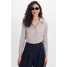 Tudors Kadın Slim Fit Dar Kesim Uzun Kollu Çizgili Bej Gömlek-50324