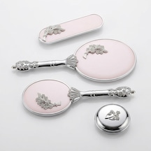 Camomile Pudra Pembe Silver Ayna Fırça Seti 4'lü - Lüks Taşlı Gümüş Gelin Bohçası Takımı Altın