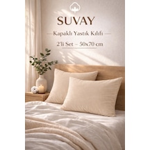 2'li Yastık Kılıfı Bej Pamuklu Kapaklı 50x70 Cm