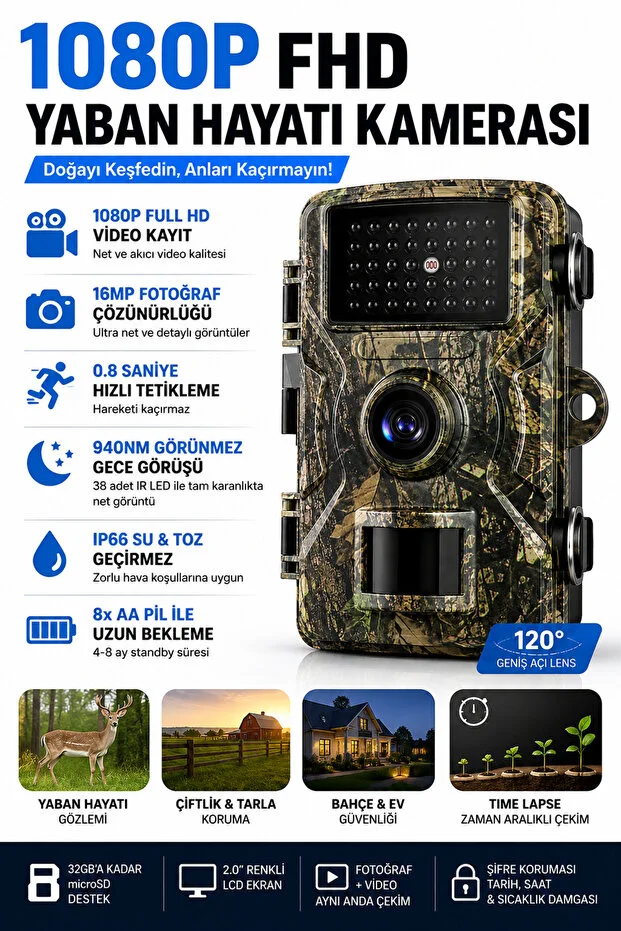 Nvg 1080p Full Hd Yaban Hayatı Kamerası Ip66 Su Geçirmez Fotokapan 16mp Gece Görüşlü Hareket Sensörlü Av Kamera 2.0" Lcd 0.8 Sn Tetikleme 32gb Tf Kart Destekli Sarı